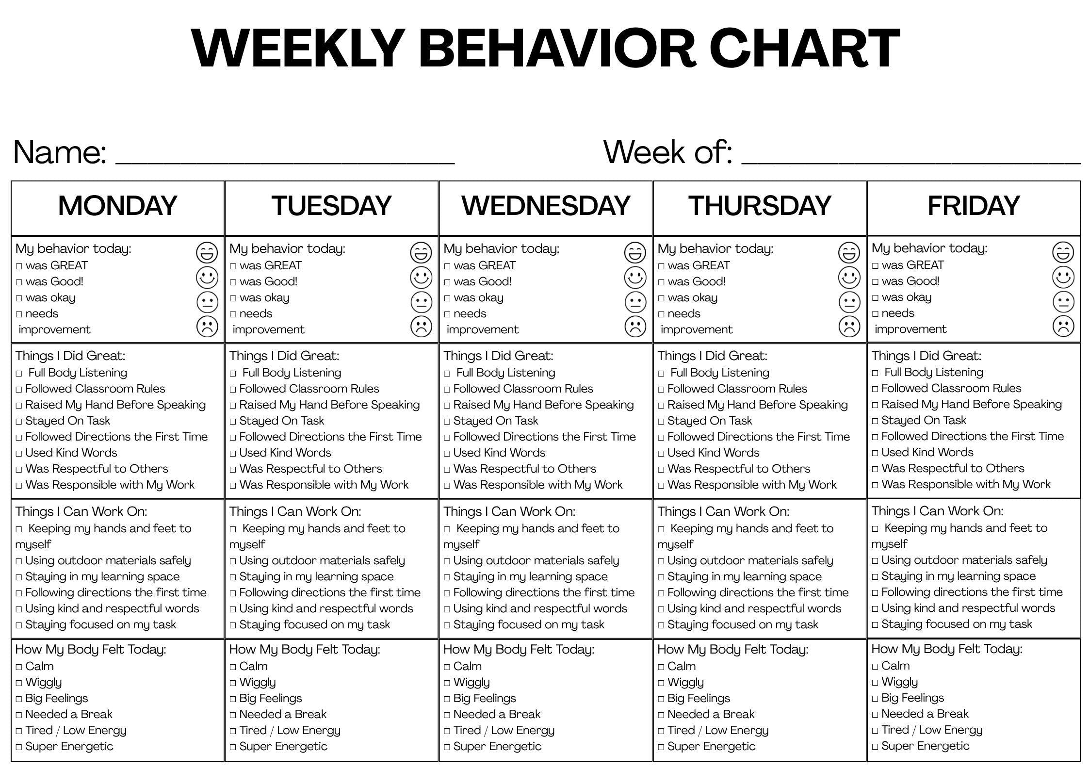 Weekly Behaviour Chart